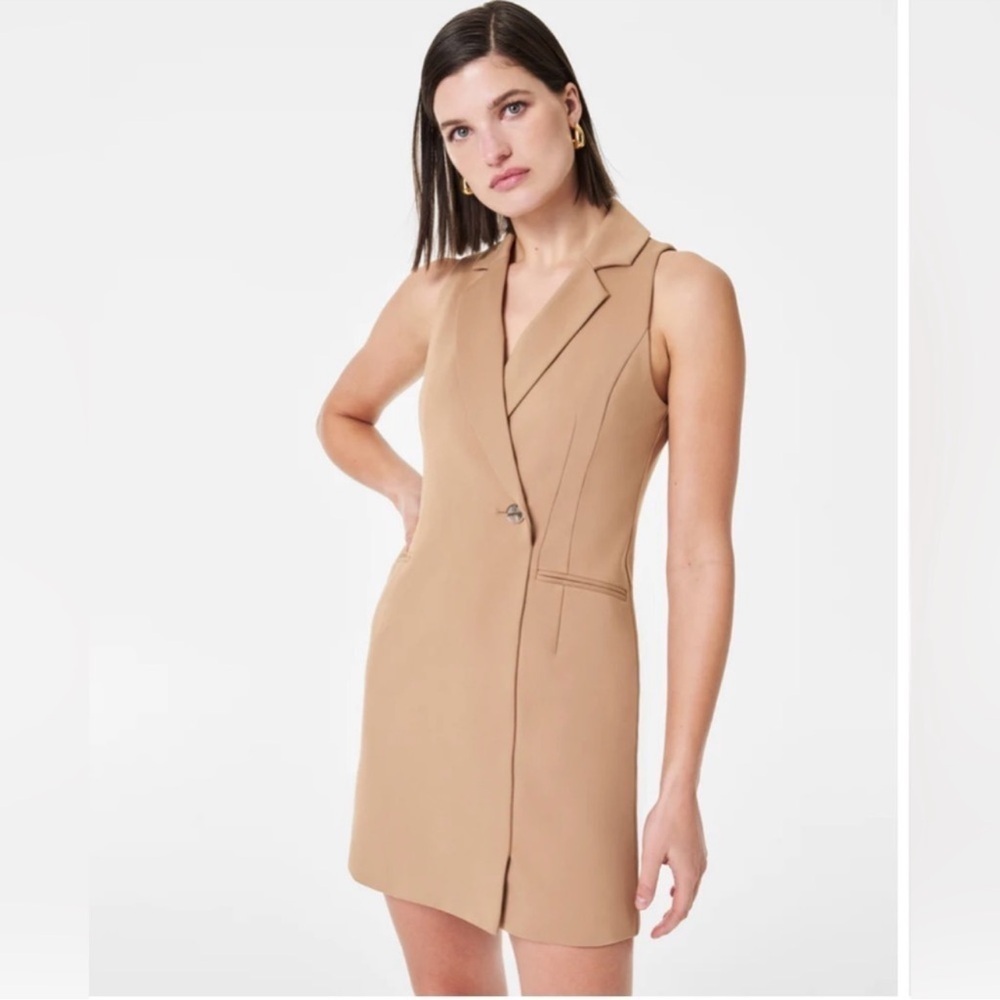 NWT SPANX Ponte Vest Dress Toffee Tan Large Business Casual Shape Wear Mini